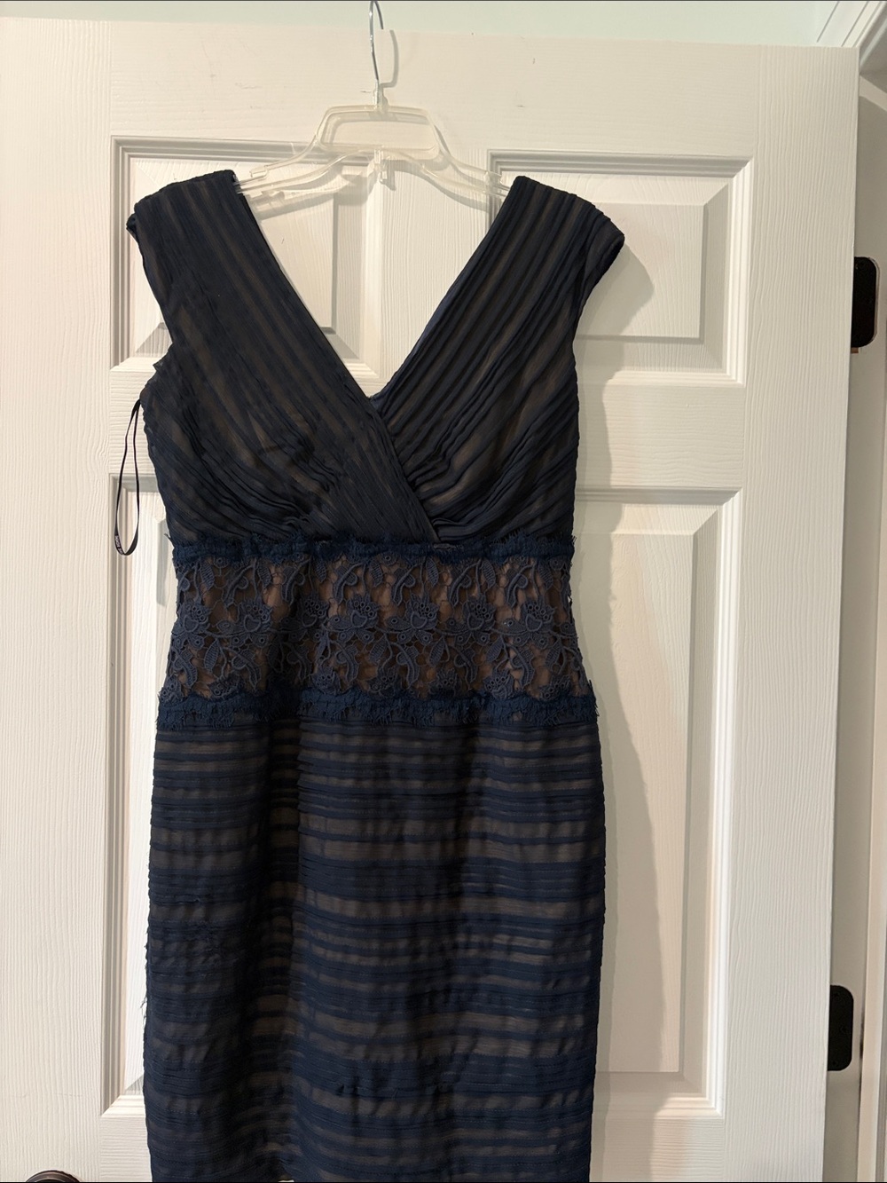 Sleeveless Navy Lace-Trim V-Neck Dress